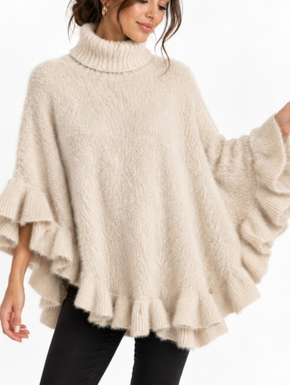 Anthropologie Akemi + Kin Cozy Cream Ruffle Turtleneck Sweater Poncho